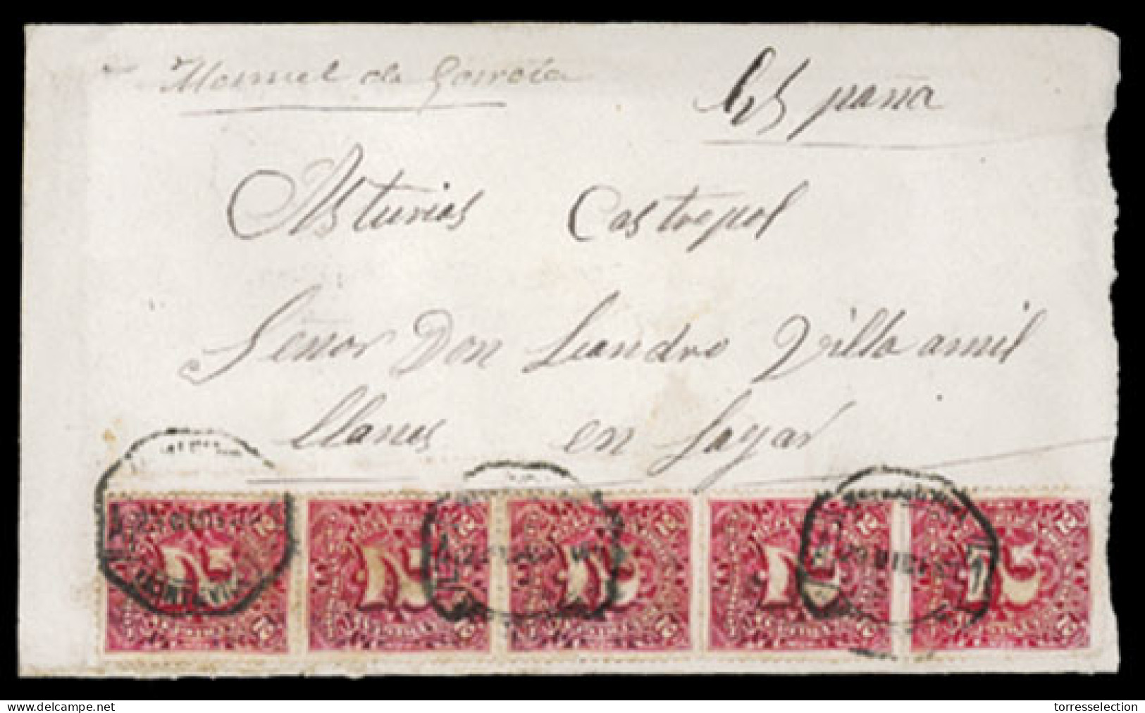 URUGUAY. 1890(Jan 25th). Cover To Genoa, Italy Franked By Vertical Strip Of Five 1889 2c Rose Tied By Montevideo Datesta - Uruguay