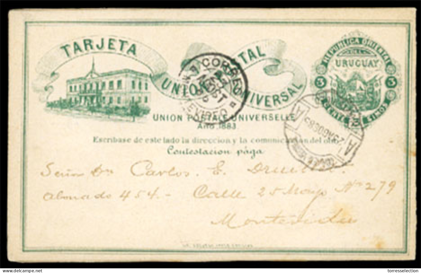 URUGUAY. 1885(Aug 23rd). 3c Green Postal Stationery Cards-two Vertically Attached, Used To Within Montevideo Cancelled B - Uruguay