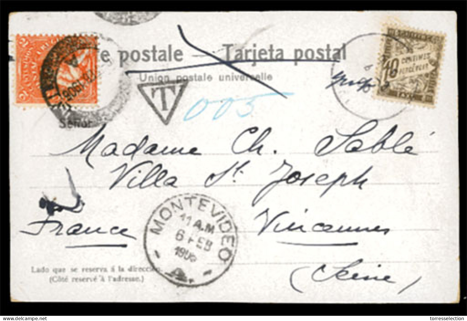 URUGUAY. 1906(Feb 5th). Postcard To France Franked By 1904 2c Orange, Montevideo Cds Below And Charged On Arrival With F - Uruguay