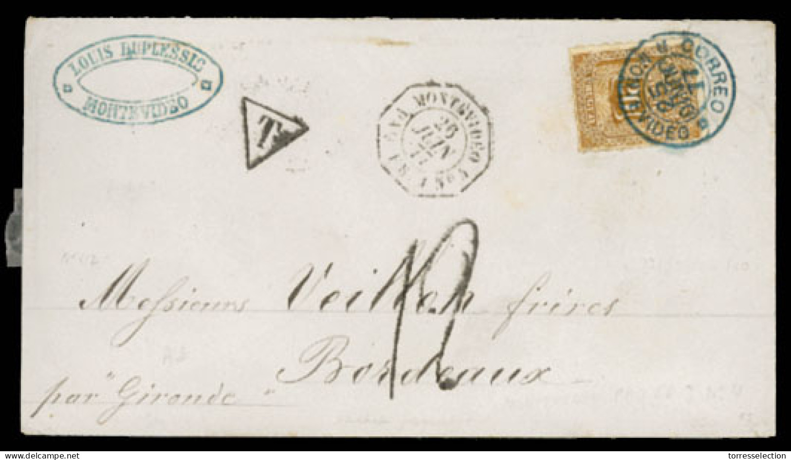URUGUAY. 1877(June 25th). Cover To Bordeaux Endorsed ‘per Gironde’ Franked By Rouletted 1876 20c Bistre Tied By Blue Mon - Uruguay