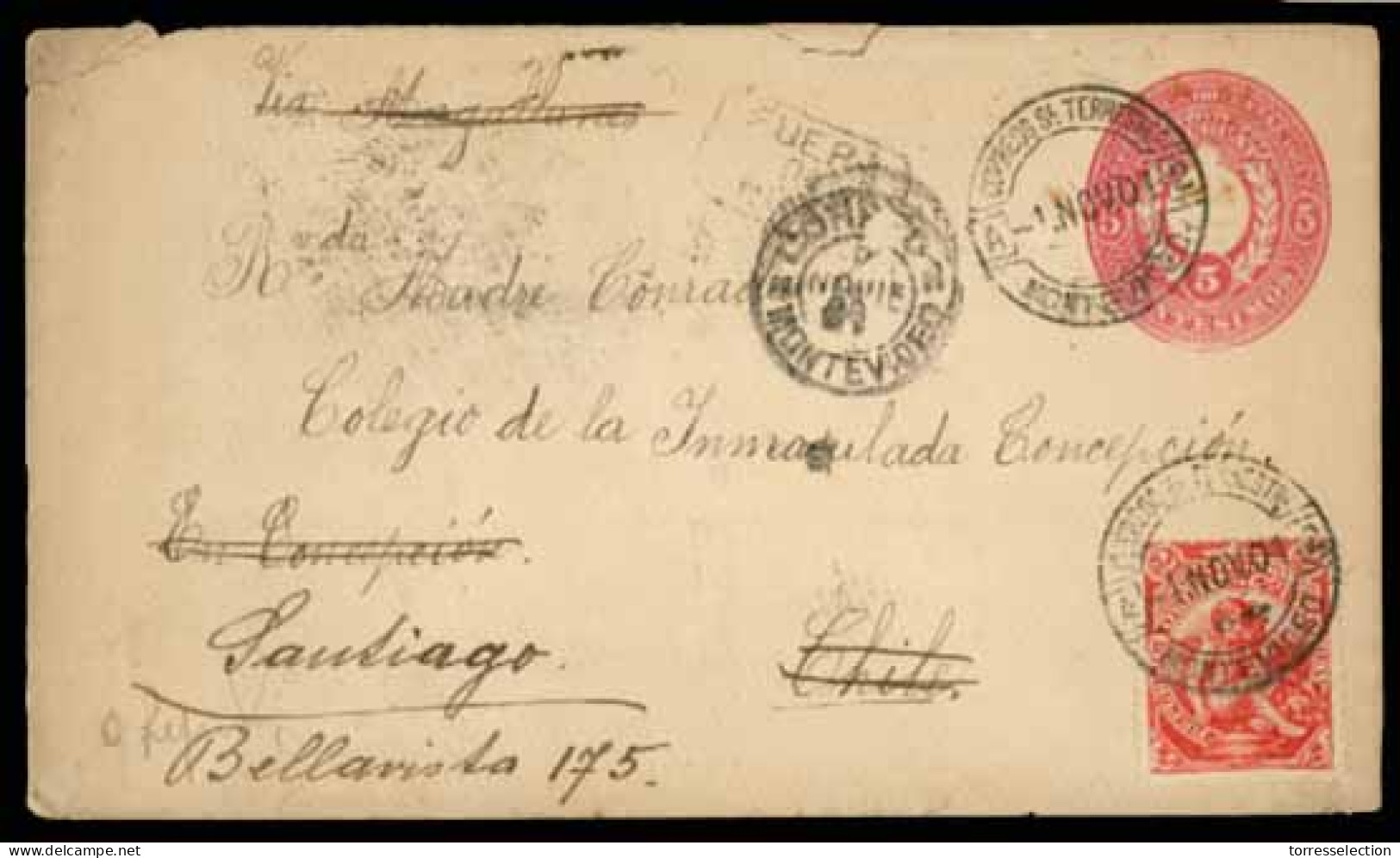 URUGUAY. 1901. Montevideo Stationery Envelope + Adtl Franking To Chile. Readdressed. Rare. VF. - Uruguay