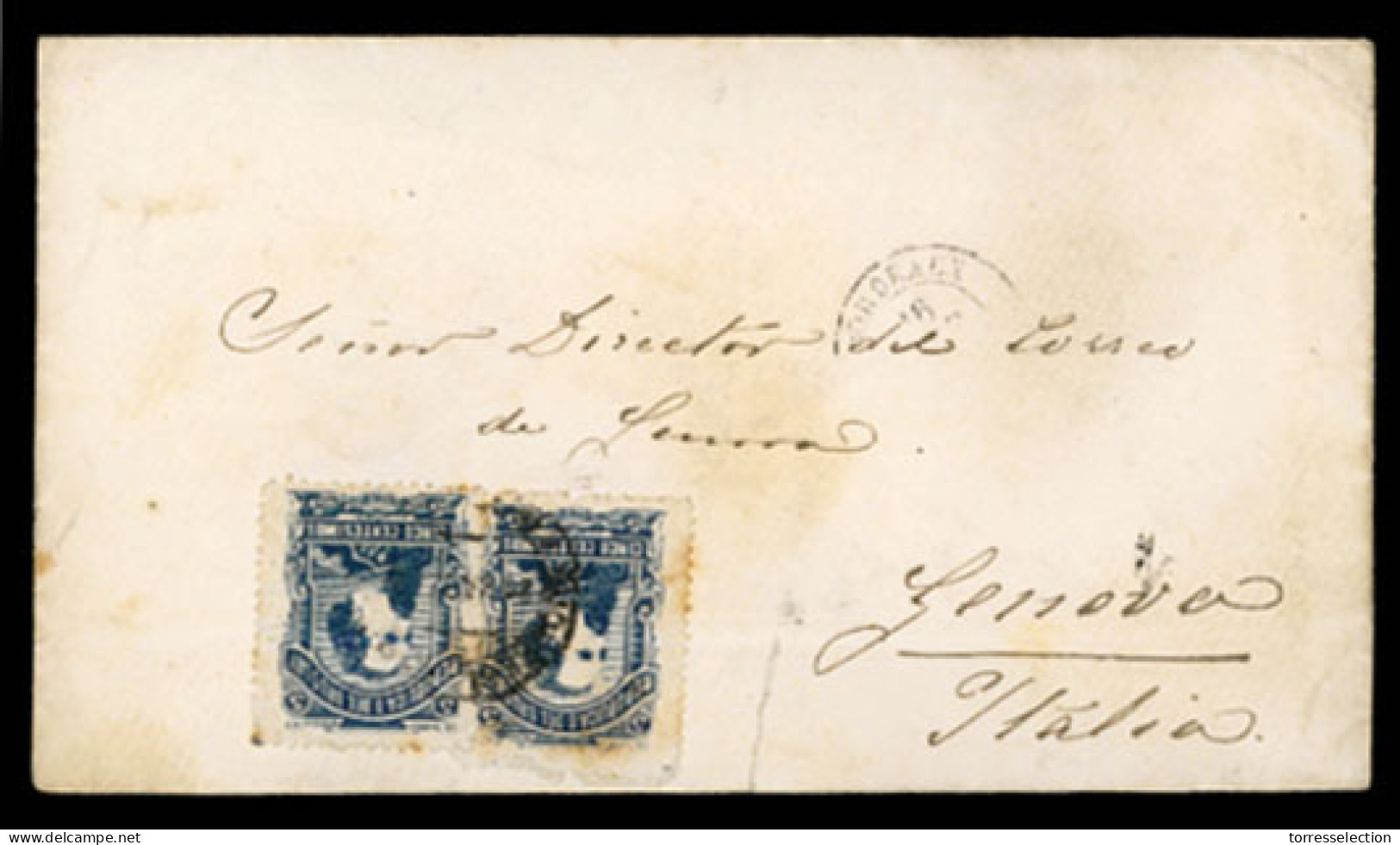 URUGUAY. 1883 (20 May). Cover To Italy Franked By Two 1883 Santos 5c Blue Tied By Cds With Bordeaux Transit And Genoa Ar - Uruguay