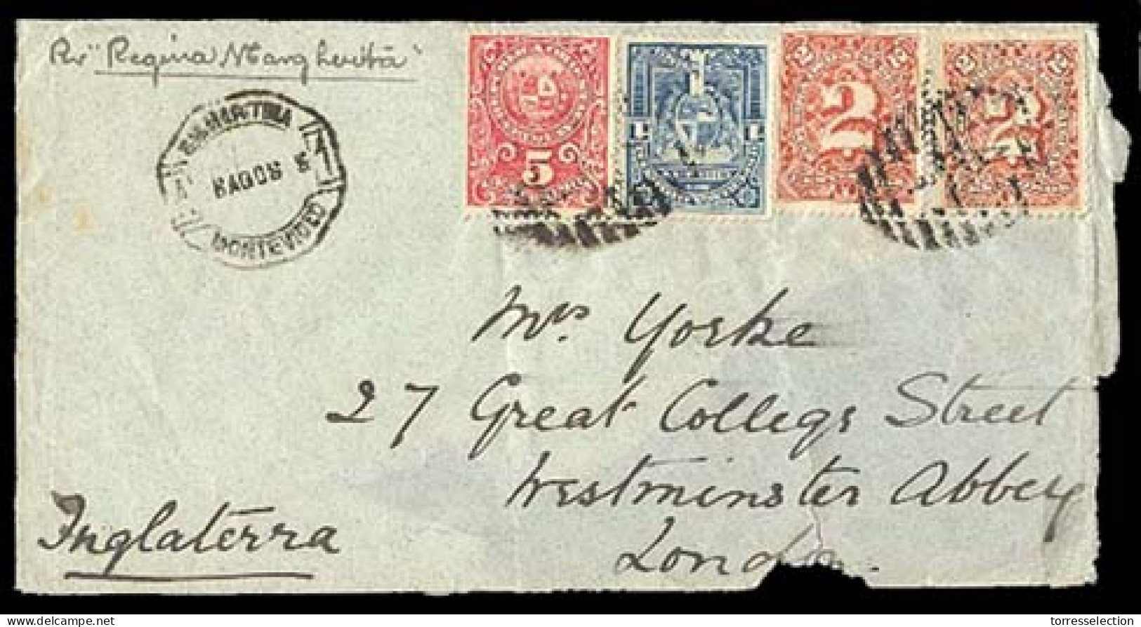 URUGUAY. 1908. Tricolor/London. Envelope (part Of Back Gone + Few Creases). Nice! - Uruguay