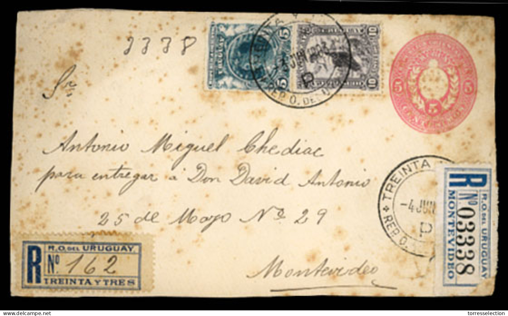 URUGUAY. 1903 (13 June). Registered 5c Rose Stationery Envelope, Toned, To Montevideo From Treinta Y Tres Franked Additi - Uruguay