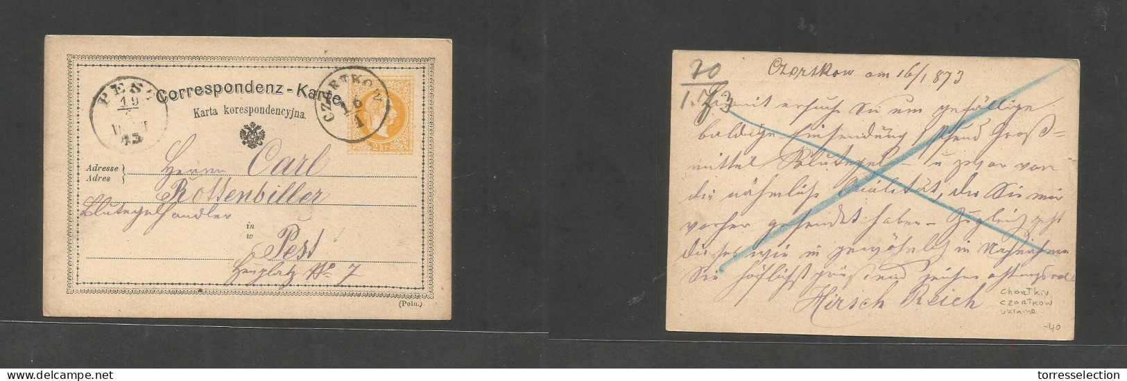 UKRAINE. 1873 (16 Jan) Czortkow - Pest, Hungary (19 Jan) 2kr Yellow Stat Card, Neat Cds. Arrival Cachet. VF. - Ukraine