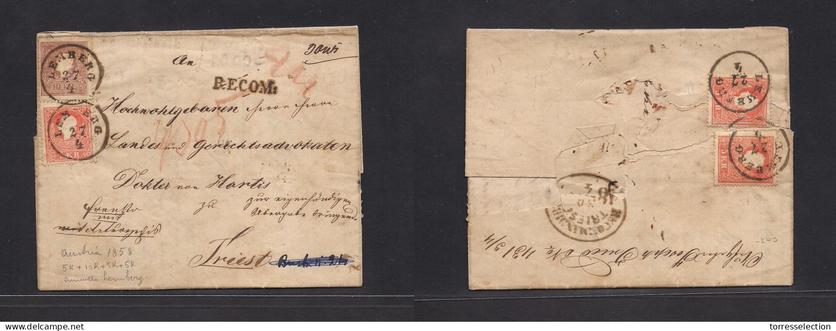 UKRAINE. 1858 (27 Apr) Austria PO, Lemberg / Liviv - Triest (30 Apr) Registered EL Multifkd Front + Reverse 25k Rate Tie - Ukraine