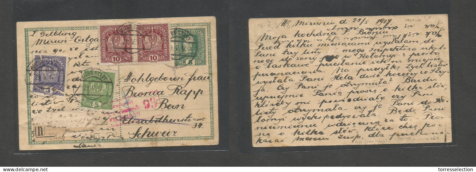 UKRAINE. 1917 (29 May) Austrian PO, Mizun Stary - Switzerland, Bern. Registered 8sh Green + 4 Adtls Stat Card WWI Censor - Ukraine