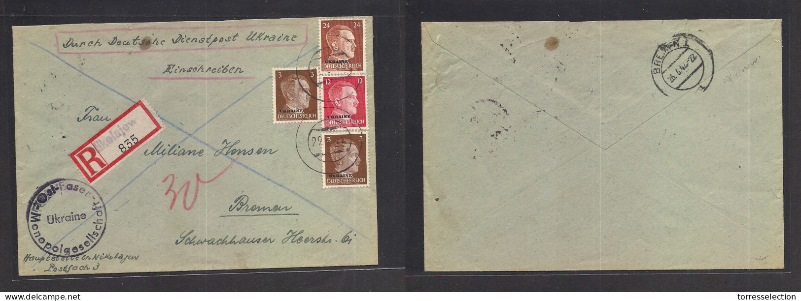 UKRAINE. 1942 (22 June) Nikolagen - Bremen, Germany (26 June) For Days Transit. Registered Multifkd Ovptd Hitler Issue E - Ukraine