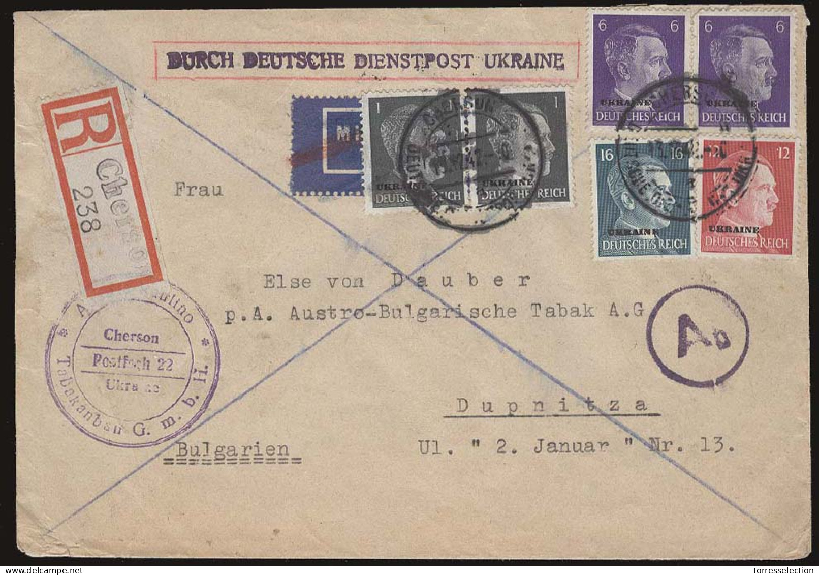 UKRAINE. 1942 (13 Dec). Cherson - Bulgaria / Dupnitza (30 Dec). Nazi Occup Reg Air Multifkd Env. Ovptd Issue. Scarce Des - Ukraine