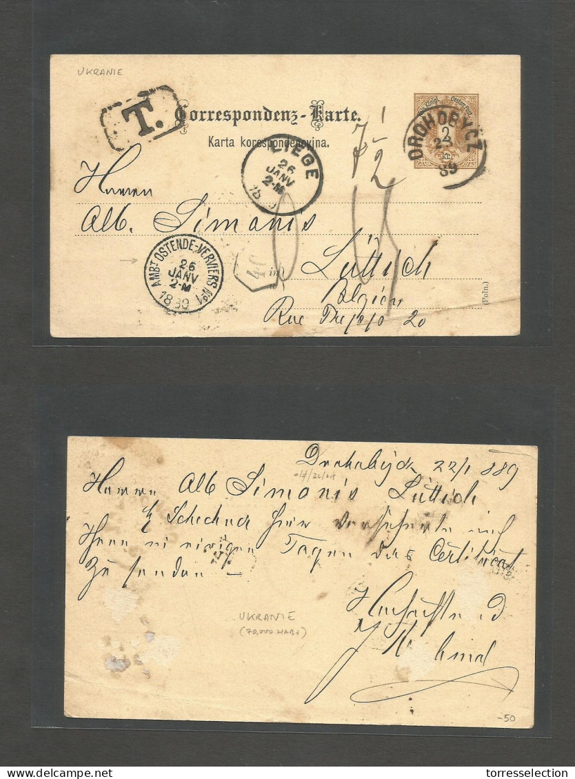 UKRAINE. 1889 (23 Jan) Austria Empire. Drohobyoz - Belgium, Liege (26 Jan 89) 2kr Brown Austria Stat Card. Polish Text + - Ukraine