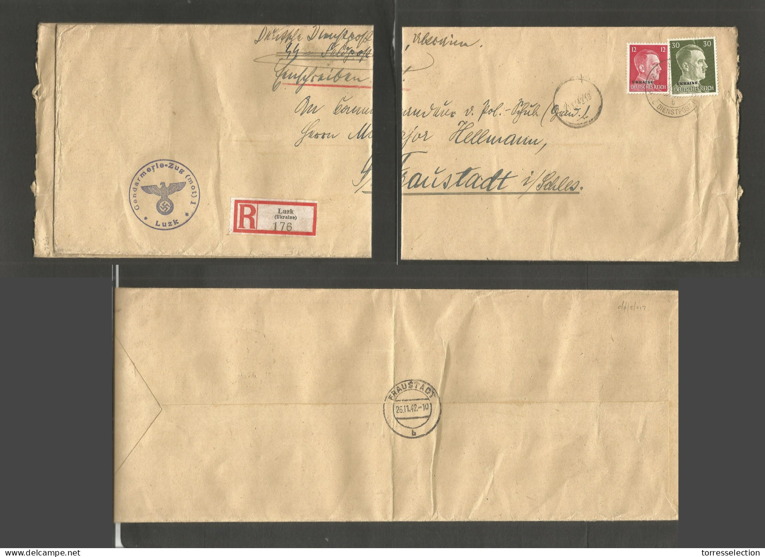 UKRAINE. 1942 (21 Nov) Luzk. Fraistadt, Schlessia (26 Nov) Nazi Postal Admin. Registered Official Multiple Overprinted I - Ukraine