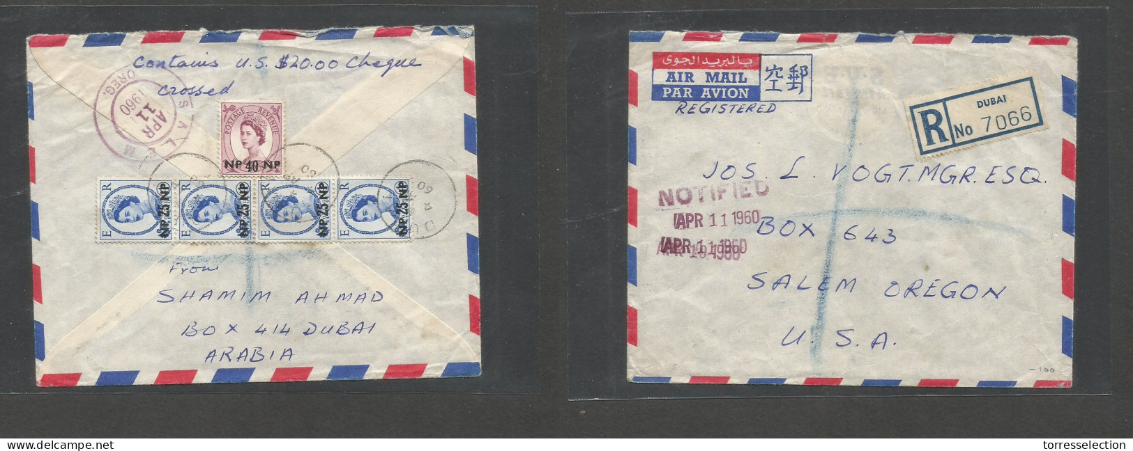 U.A.E.. 1960 (4 Aug) Dubai - USA, Salem, Oregon (11 Apr) Registered Air Reverse Multifkd QEII Ovptd New Currency Multifk - Altri & Non Classificati