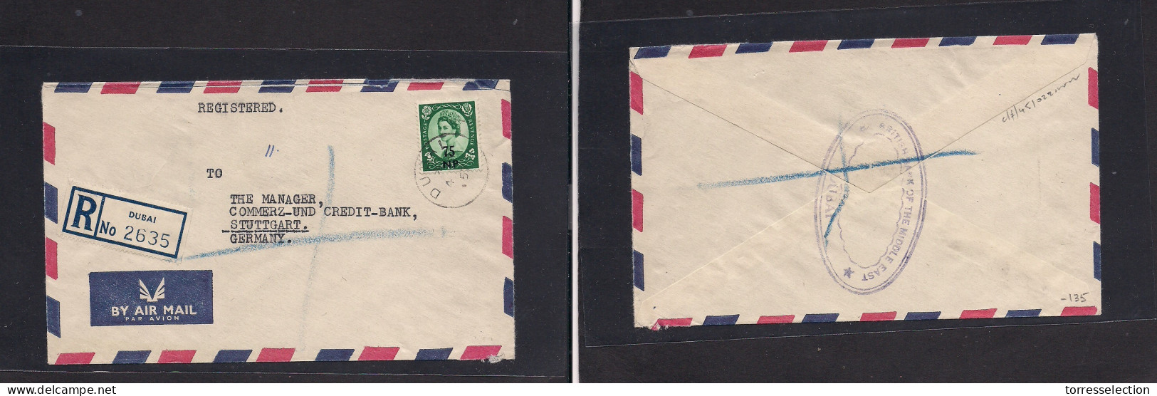 U.A.E.. 1957 (June 4) Dubai - Germany, Stuttgart. Registered 75NP QEII Ovptd New Currency Issue Tied Cds. VF + - Autres & Non Classés