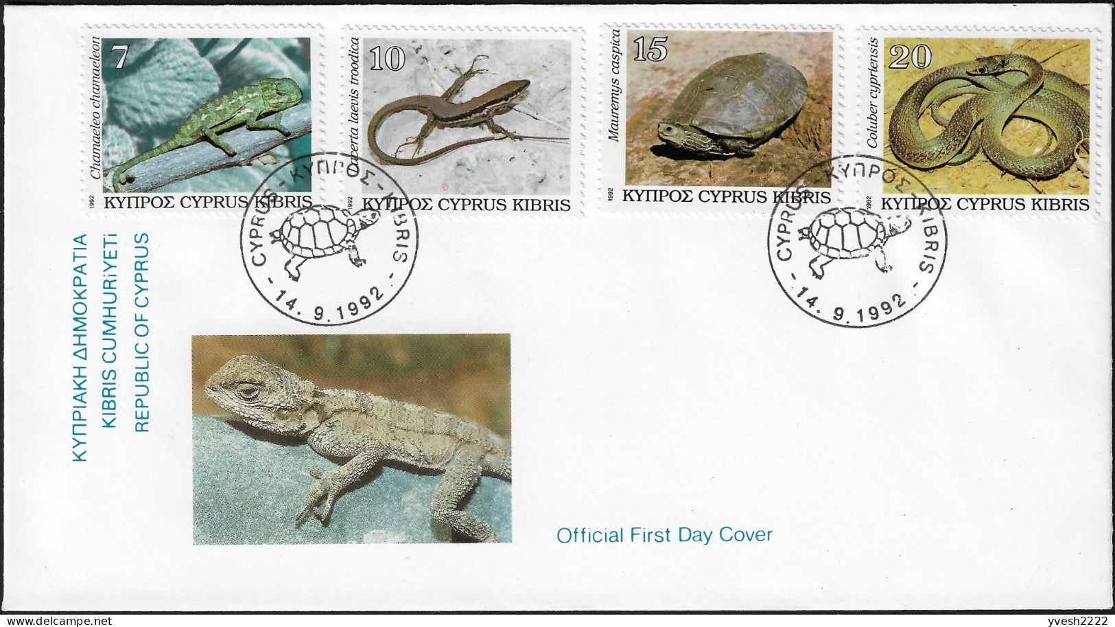 Chypre 1992 Y&T 794 à 797 Sur FDC. Faune, Reptiles De Chypre. Caméléon, Lézard, Tortue Et Serpent - Tortues
