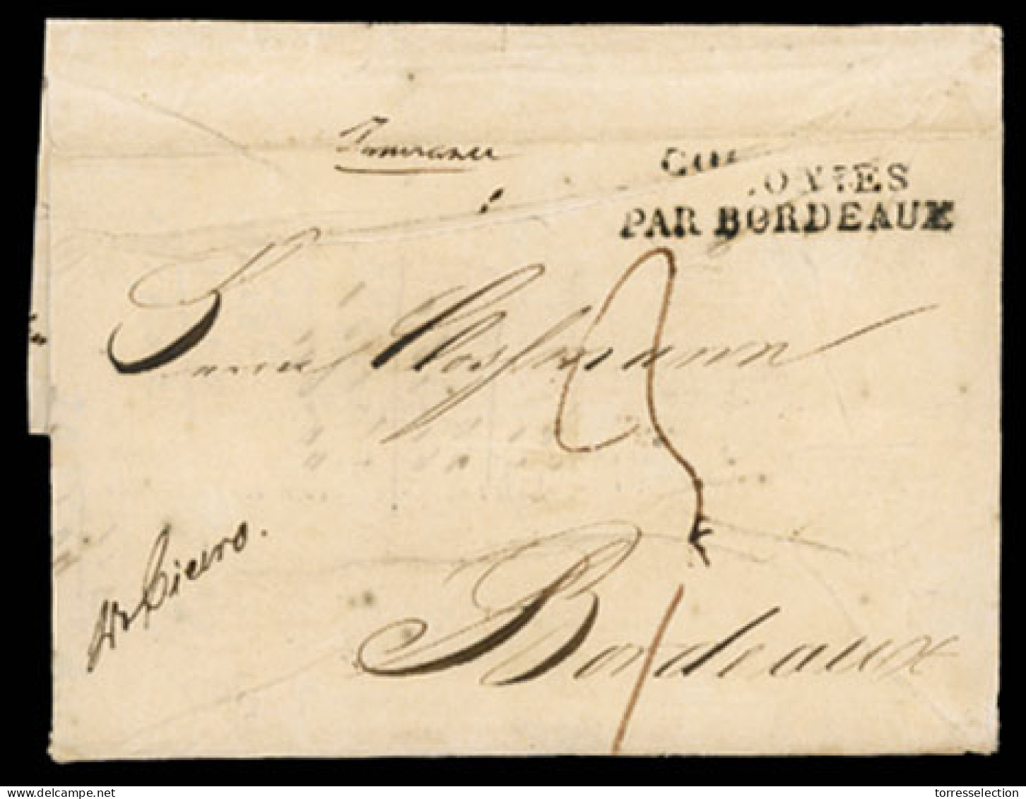 VENEZUELA. 1827. (1 Dec) La Guayra To Bordeaux / France. E. Forwarded On Reverse At Philadelphia (Jan 5, 1828) By Vezin  - Venezuela