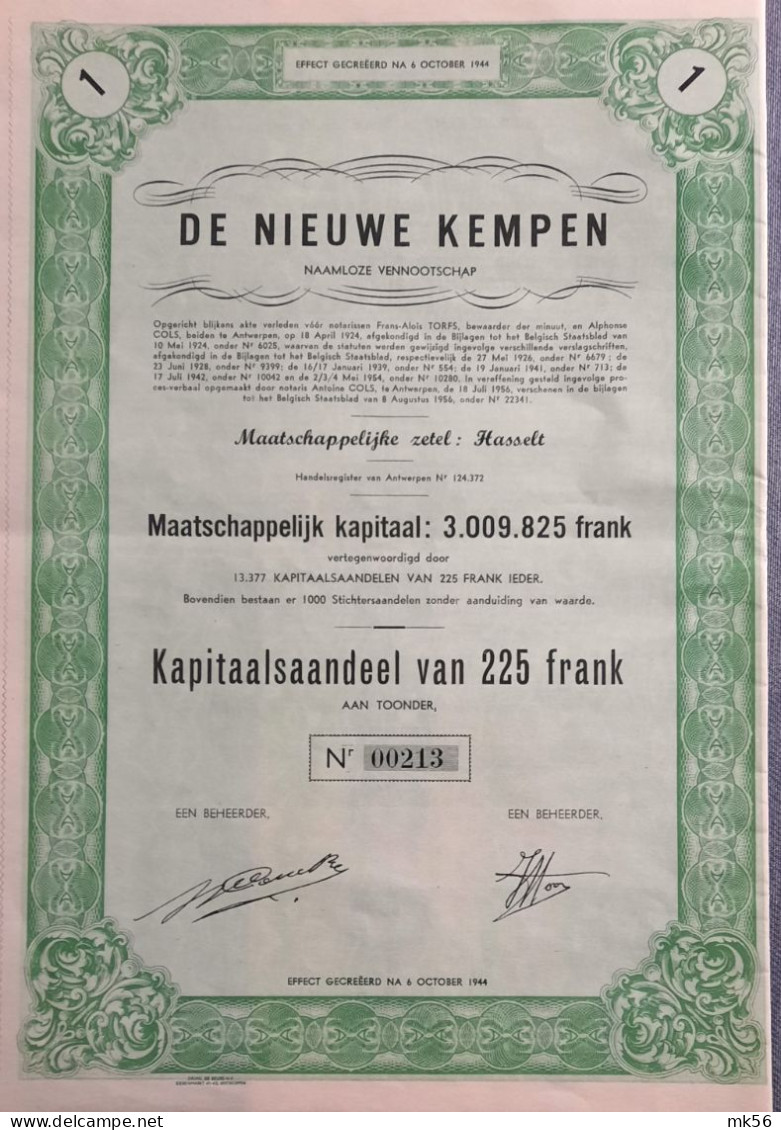 De Nieuwe Kempen - Hasselt - 1956 - Kapitaalsaandeel Van 225 Frank - Landbouw