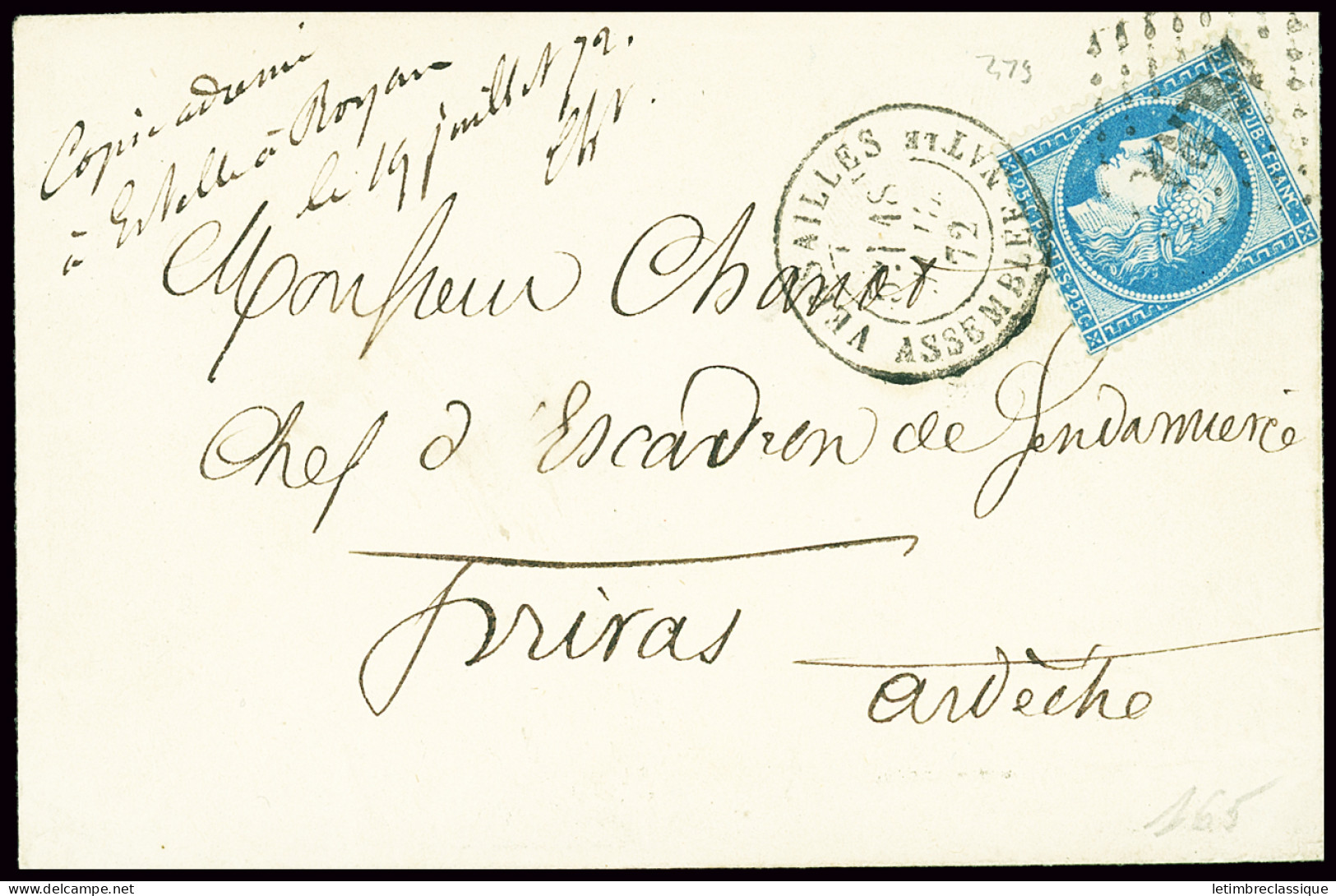 Lettre N°60 OBL Losange De Points "ASNA" + CAD "Versailles Assemblée NATle" (1872) Sur Lettre Pour Privas (Ardèche). TB - 1871-1875 Ceres