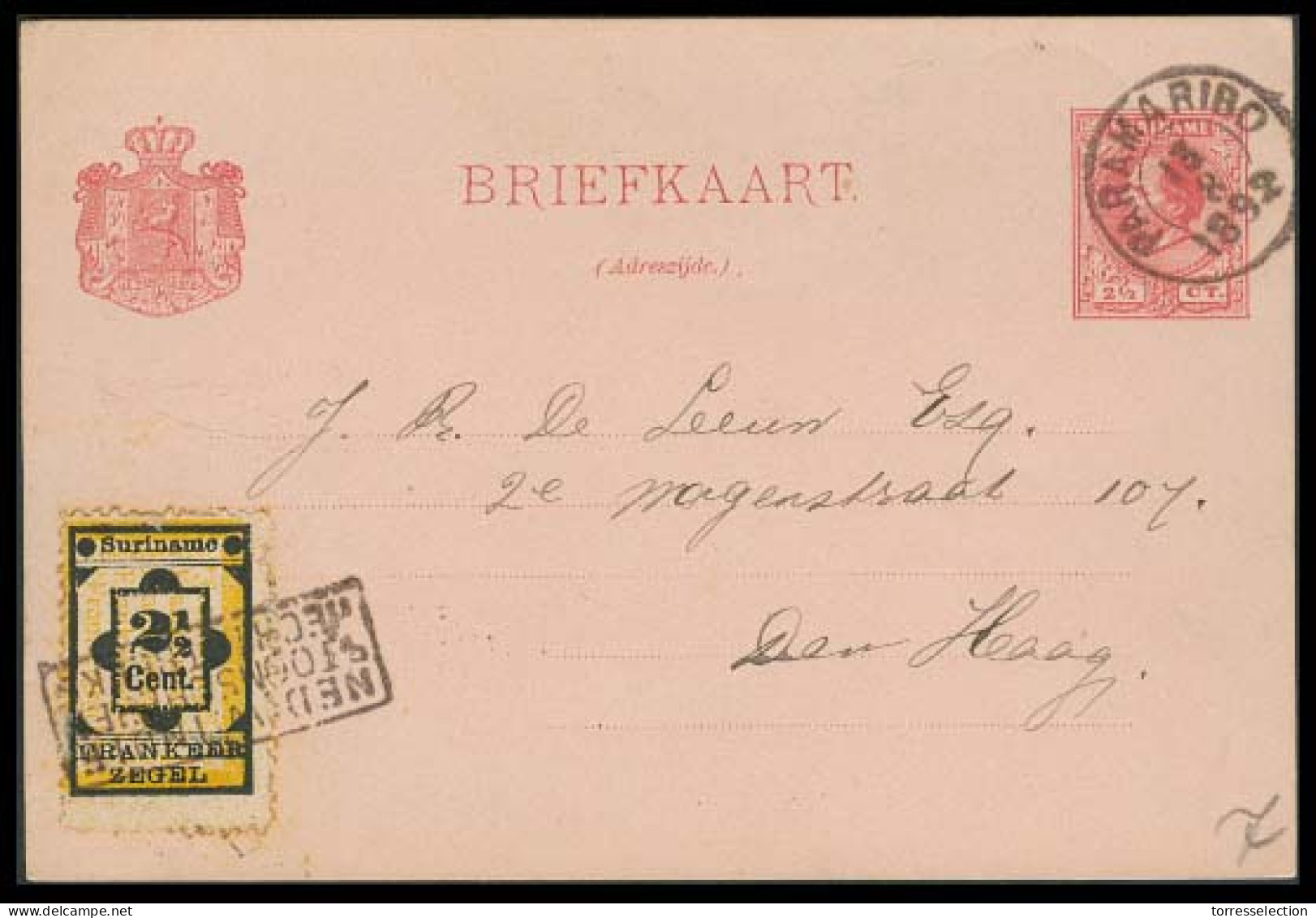 SURINAME. 1892. Paramaribo - Netherlands. 2 1/2c Stat Card + Adtl. 2 1/2c Stamp, Cancelled By Transit Box WWI Mail Box. - Suriname