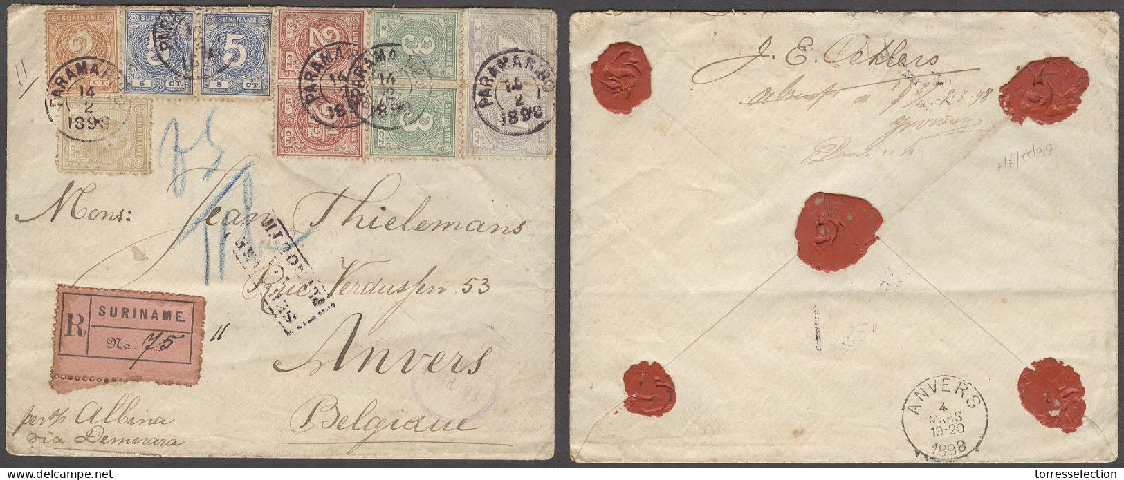 SURINAME. 1898 (14 Feb). Paramaribo - Belgium (4 March). Reg Multifkd Env With Contains 10 Stamps Diff Early Incl Four P - Suriname
