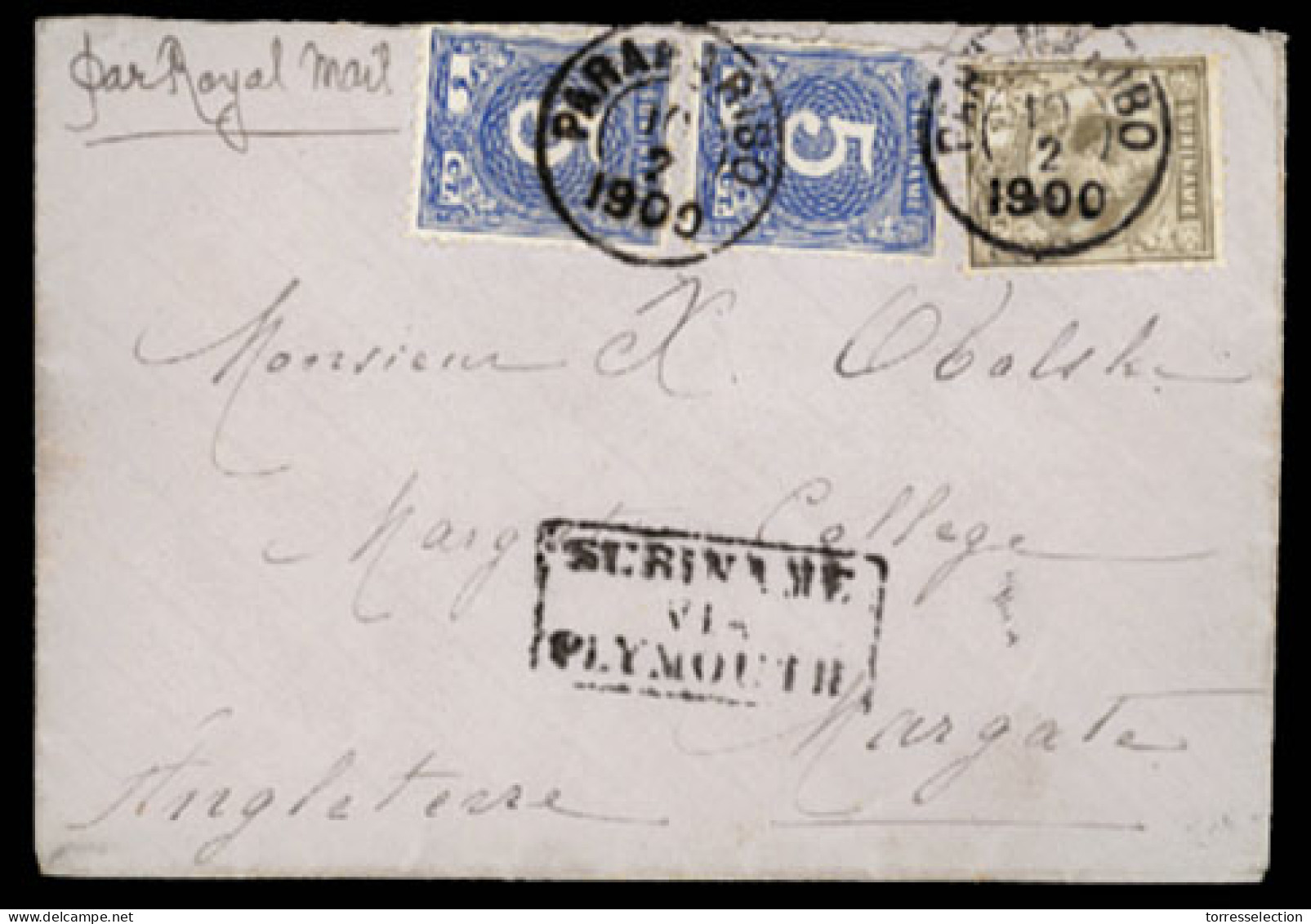SURINAME. 1900. Paranaribo To Margate/England. Envelope Franked 5c Blue X2 (Sc. 21) And Queen W. 15c Grey (Sc. 27) Tied  - Suriname