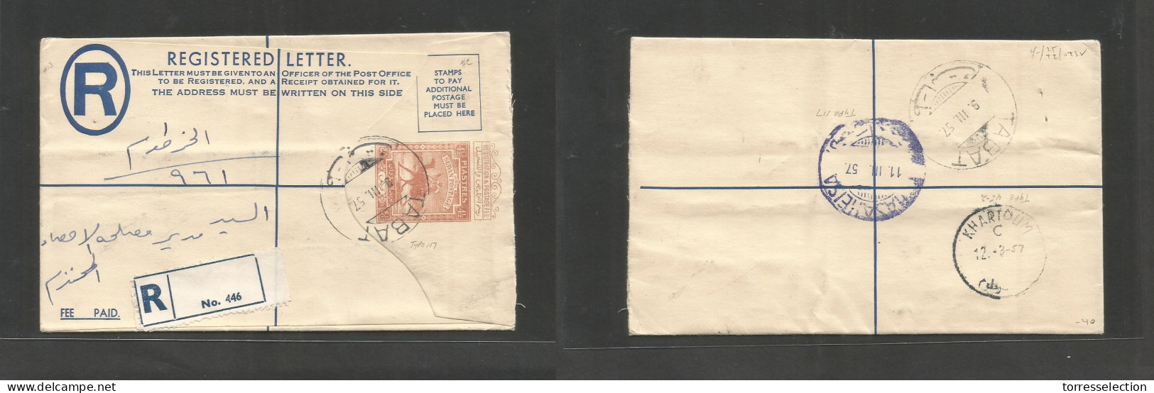 SUDAN. 1957 (9 March) Tabat - Khartown. Via Hayaheisa. Registered Local 4 1/2 Piasters Stationary Envelope, R-label, Cds - Sudan (1954-...)
