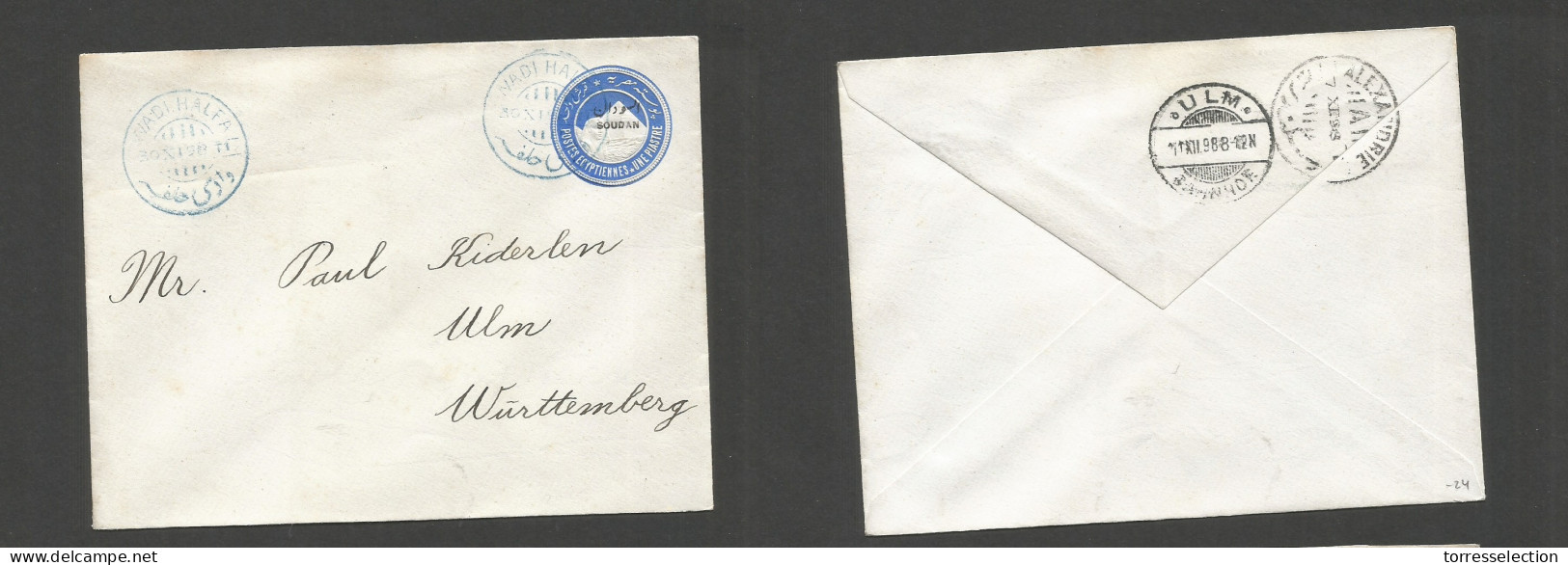 SUDAN. 1898 (30 Nov) Wadi Halfa - Germany, Ulm, Wurttemberg (11 Dec) Ovptd 1p Blue Stat Env, Tied Blue Cds. VF. - Soudan (1954-...)