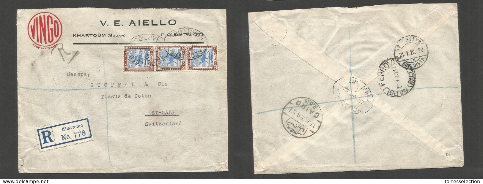 SUDAN. 1929 (12 Jan) Khartoum - Switzerland, St. Gall (21 Jan) Via Cairo - Napoli. Registered Multifkd Comercial Envelop - Soudan (1954-...)