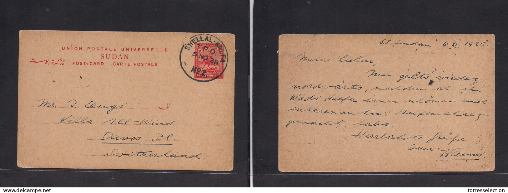 SUDAN. 1928 (6 Nov) SS. Sudan - Switzerland, Davos, Villa Allwind. 10rs Red Stationary Card, Cancelled On Bord Train TPO - Soudan (1954-...)