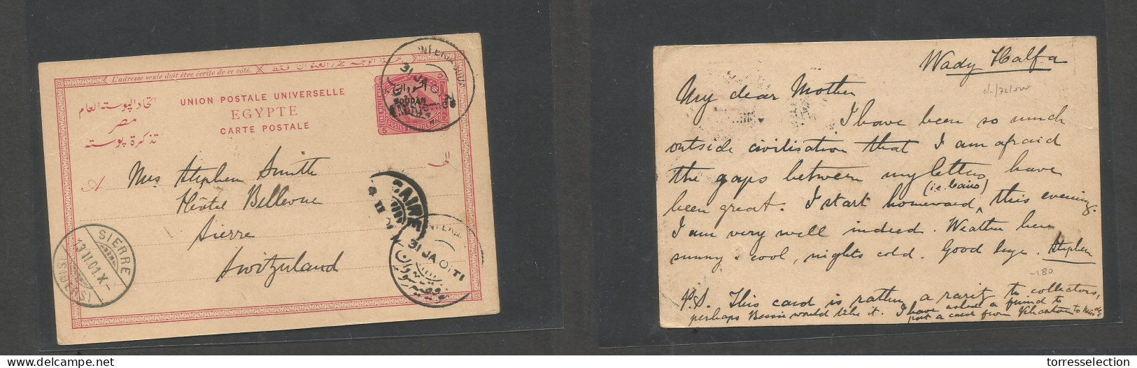 SUDAN. 1901 (31 Jan) Anteria - Wadi Halfa - Switzerland, Sierra (13 Feb) Postal Ovptd 4 Mill / 5p Red Stat Card Cds Via  - Sudan (1954-...)