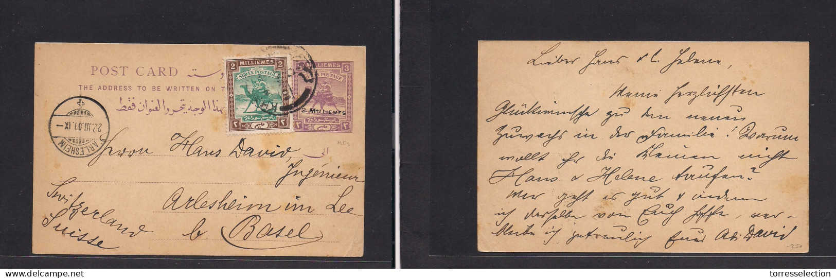 SUDAN. 1909 (10 March) Khartoum - Basel, Switzerland (22 March) 2 Ms / 3 Ms Lilac Stationary Card + 2 Ms Adtl Tied Cds O - Sudan (1954-...)