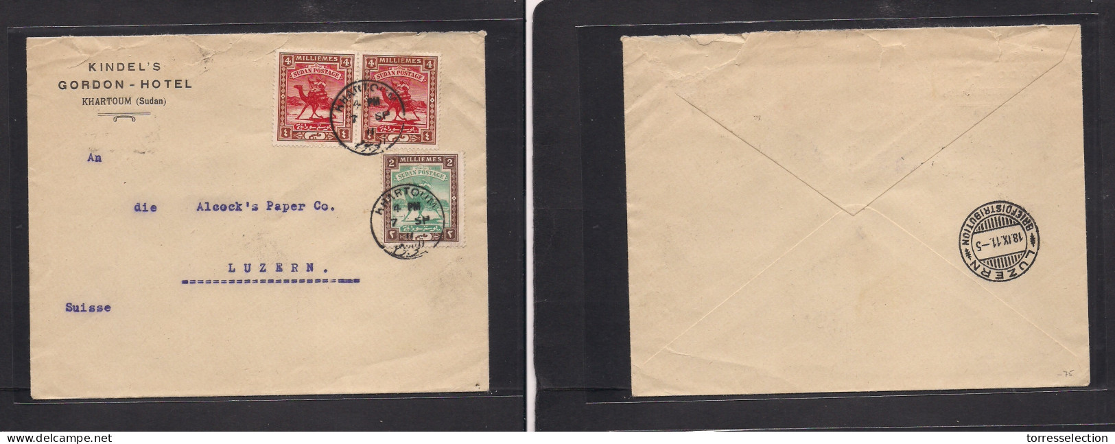 SUDAN. 1911 (7 Sept) Khartoum - Switzerland, Luzern (18 Sept) Gordon Hate Multifkd Env, Small Bilingual Cds. Fine And At - Soudan (1954-...)