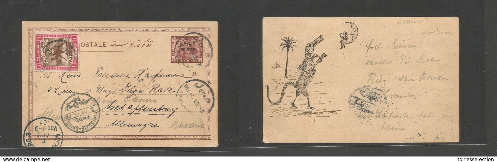 SUDAN. 1901 (26 March) Morsma - Germany, Schaffenburg (6 Apr) Ovptd Egypt Stat Card + Adtl, Tied Cds Via Beni Souef - Ca - Soudan (1954-...)