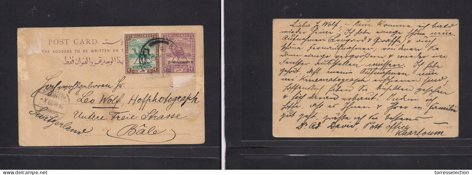 SUDAN. 1909 (5 March) Khartoum - Switzerland, Basel (19 March) 2 Ms / 3 Ms Lilac Ovptd Stat Card + Adtl, Tied Cds. Scarc - Sudan (1954-...)