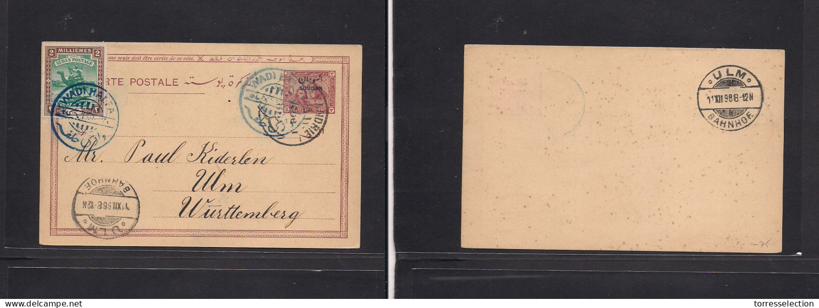 SUDAN. 1898 (10 Nov) Wadi Halfa - Germany, Ulm (11 Dec) Via Alexandrie Soudan Ovptd Bilingual Early Card + Adtl, Blue Cd - Sudan (1954-...)