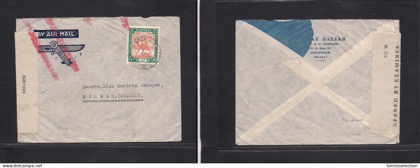 SUDAN. 1944 (22 June) Khartoum - Switzerland, Bienne. 5 Piaster Single Fkg On Cover. Depart Censor Label MM / 4230. VF. - Soudan (1954-...)