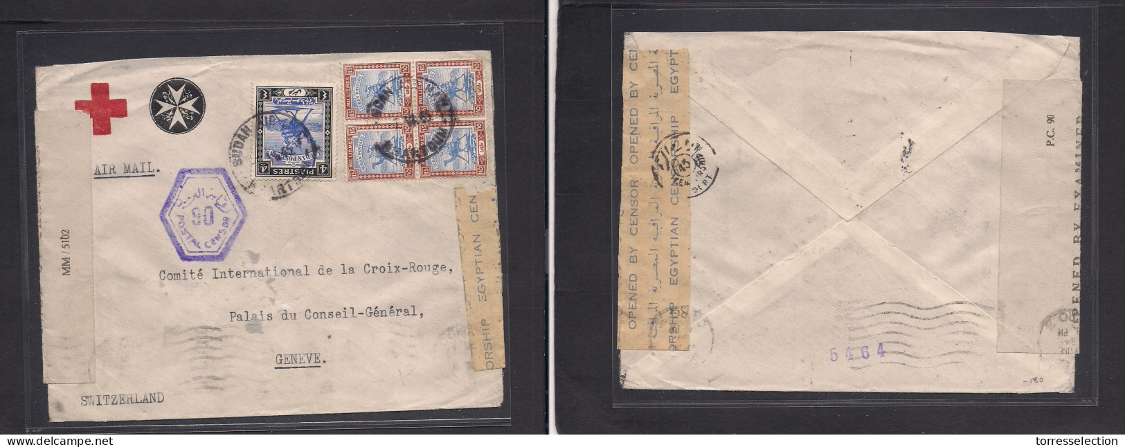 SUDAN. 1945 (7 June) Khartoum - Switzerland, Geneve, Red Cross POW Mail. Sudan + Egyptian WWII Censor Labels. VF + Scarc - Sudan (1954-...)