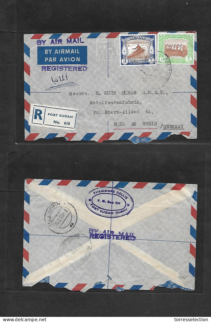 SUDAN. 1955 (19 March) Port Sudan - Germany, Bonn (25 March) Registered Air Multifkd Env. VF. - Sudan (1954-...)