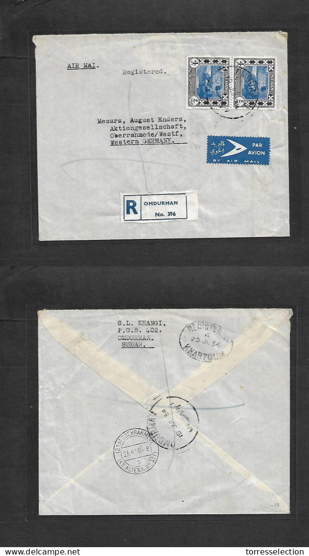 SUDAN. 1954 (19 June) Omdurman - West Germany, Oberrahmede (23 June) Registered Air Multifkd Env + R-label. Fine. - Soudan (1954-...)