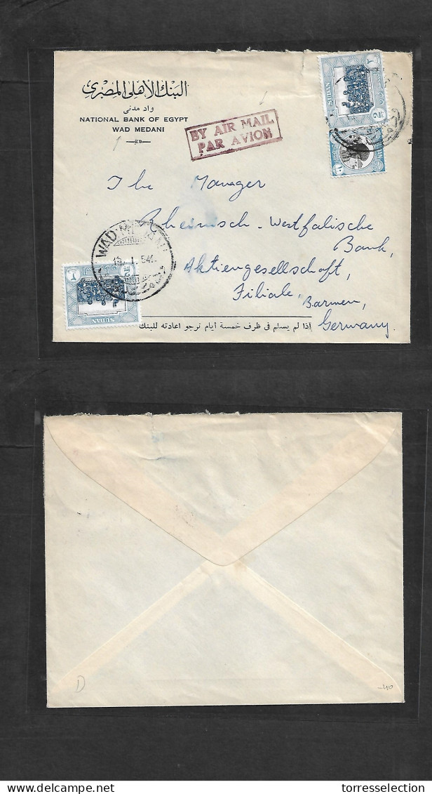 SUDAN. 1954 (19 Jan) Wad Medani - Germany, Barmen. Air Multifkd Env + Air Red Cachet. VF. - Sudan (1954-...)