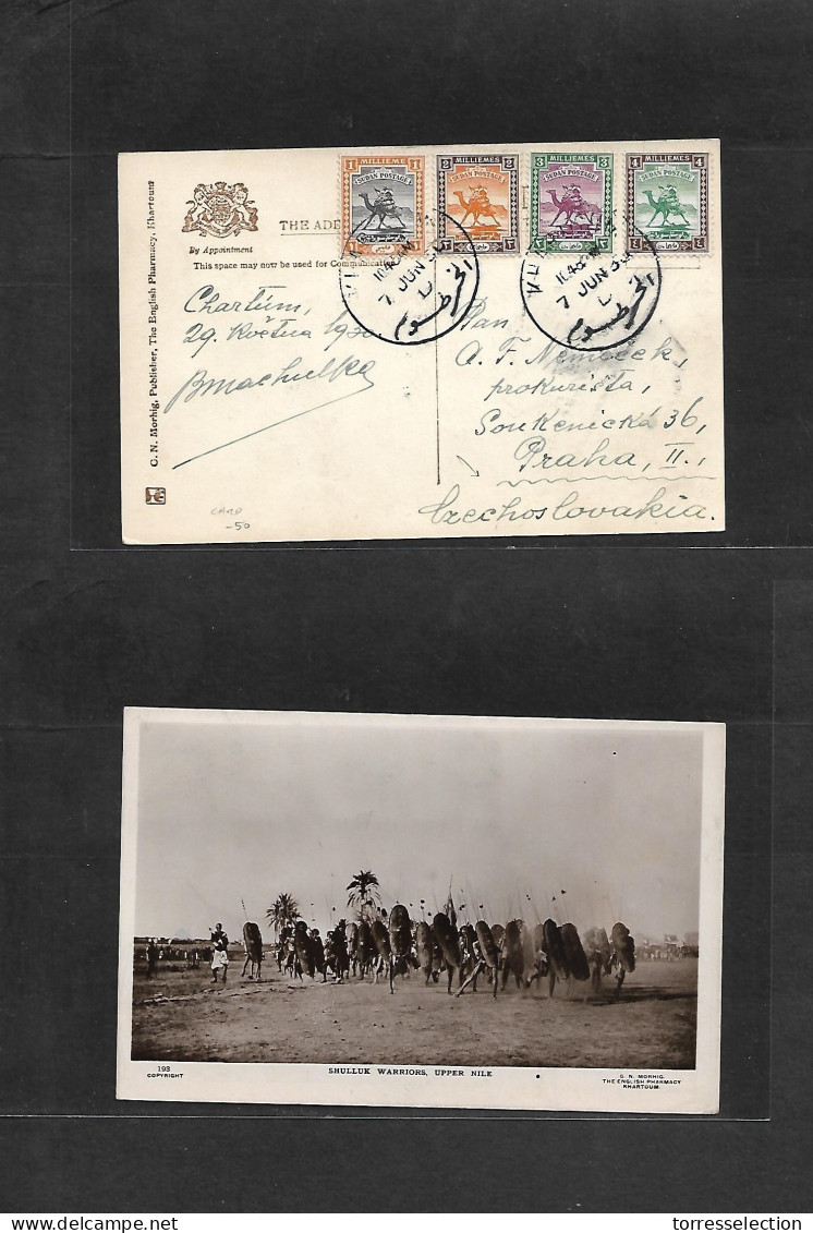 SUDAN. 1930 (7 June) Khartoum - Czechoslovakia, Prague. Multifkd Postcard, Shulluk Warriors, Upper Nile Photo. VF + Colo - Soedan (1954-...)