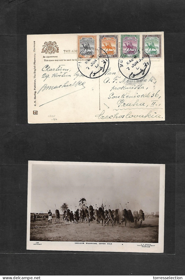 SUDAN. 1930 (7 June) Khartoum - Czechoslovakia, Prague. Multifkd Postcard, Shulluk Warriors, Upper Nile Photo. VF + Colo - Sudan (1954-...)
