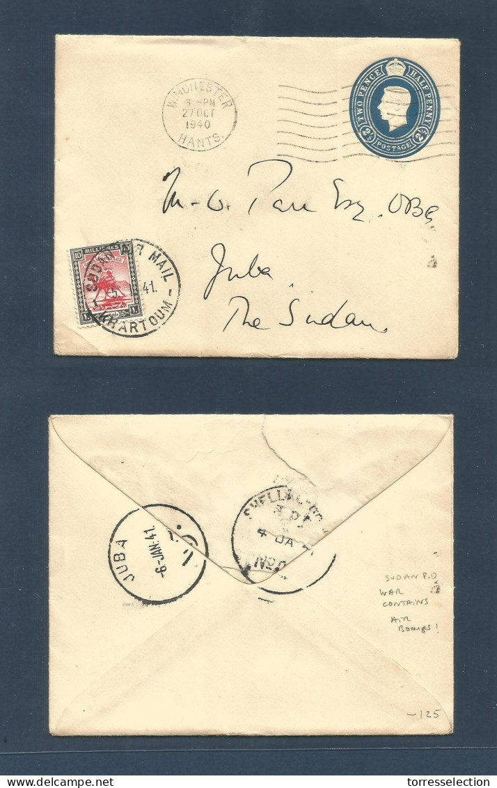 SUDAN. 1940 - 1. GB, Winchester - Juba (6 June) GB 2 1/2d Blue Stationary Envelope, Taxed At Arrival. 10m As Postage Due - Sudan (1954-...)