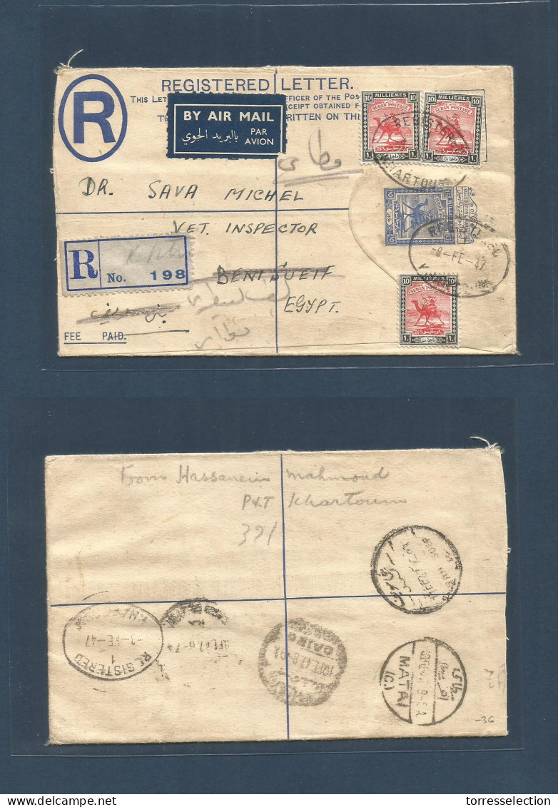 SUDAN. 1947 (9 Febr) Khartoum - Egypt, Beni Sueif (10-11 Feb) Registered Air Multifkd 15ms Blue Stationary Envelope. Rev - Soudan (1954-...)