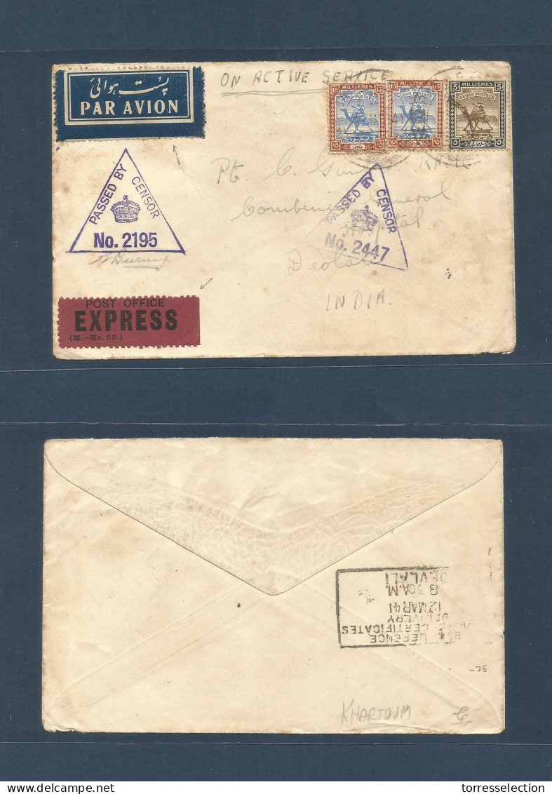 SUDAN. 1941 (7 March) Asmara - India, Deolali (12 March) Air Express Censored (2195 + 2447) OAS Multifkd Envelope. Bilin - Soudan (1954-...)