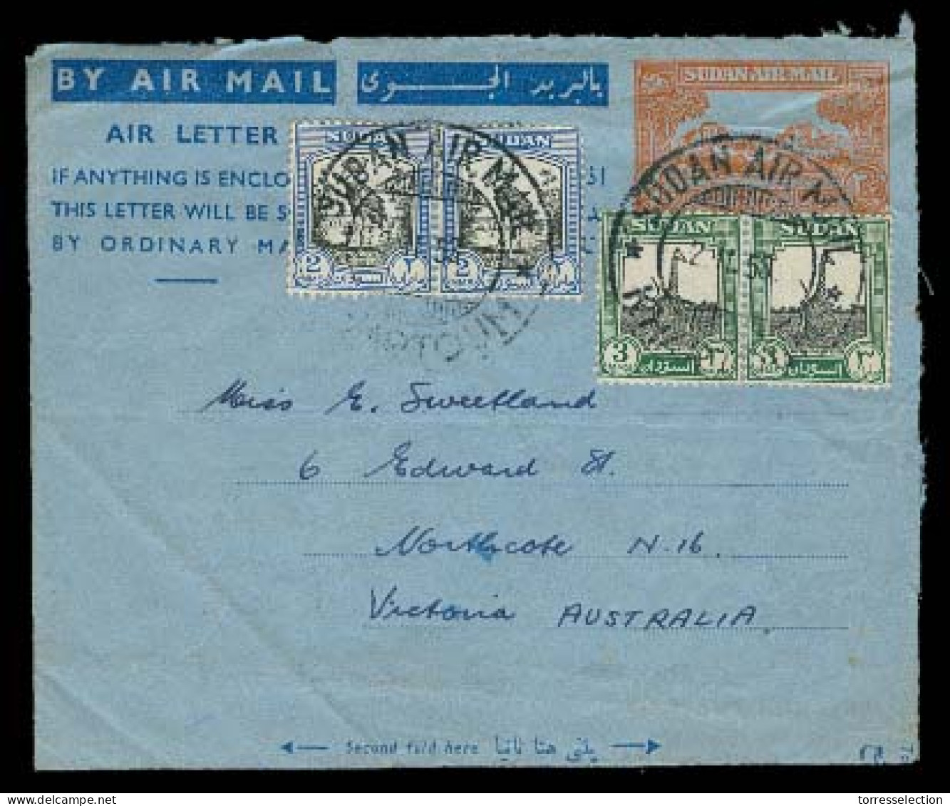 SUDAN. 1953. Khartoum - Australia. Airletter + 4 Adtls Used + Dest. Most Unusual. - Sudan (1954-...)