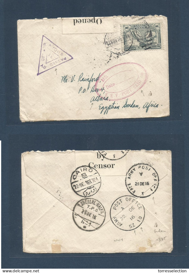 SUDAN. 1916 (13 Nov) Mexico, Baja Cfa. - Athara, Sudan. Fkd + Egypt Doble Censored Envelope + "Sudan 31" Triangle Censor - Soudan (1954-...)