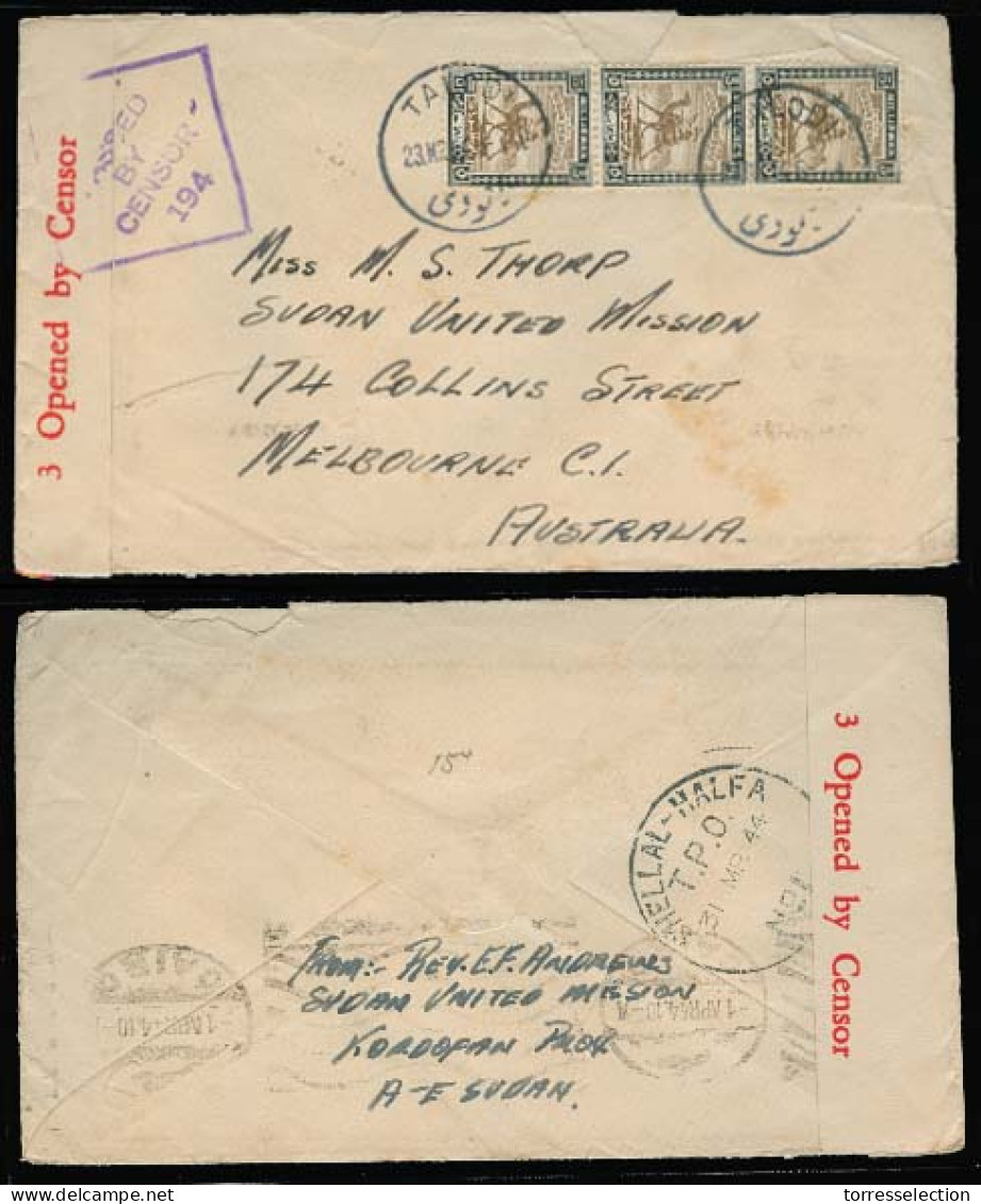 SUDAN. 1944. Talodi - AUSTRALIA. Fkd Env. British Censorship / 194. Very Scarce Dest. - Sudan (1954-...)