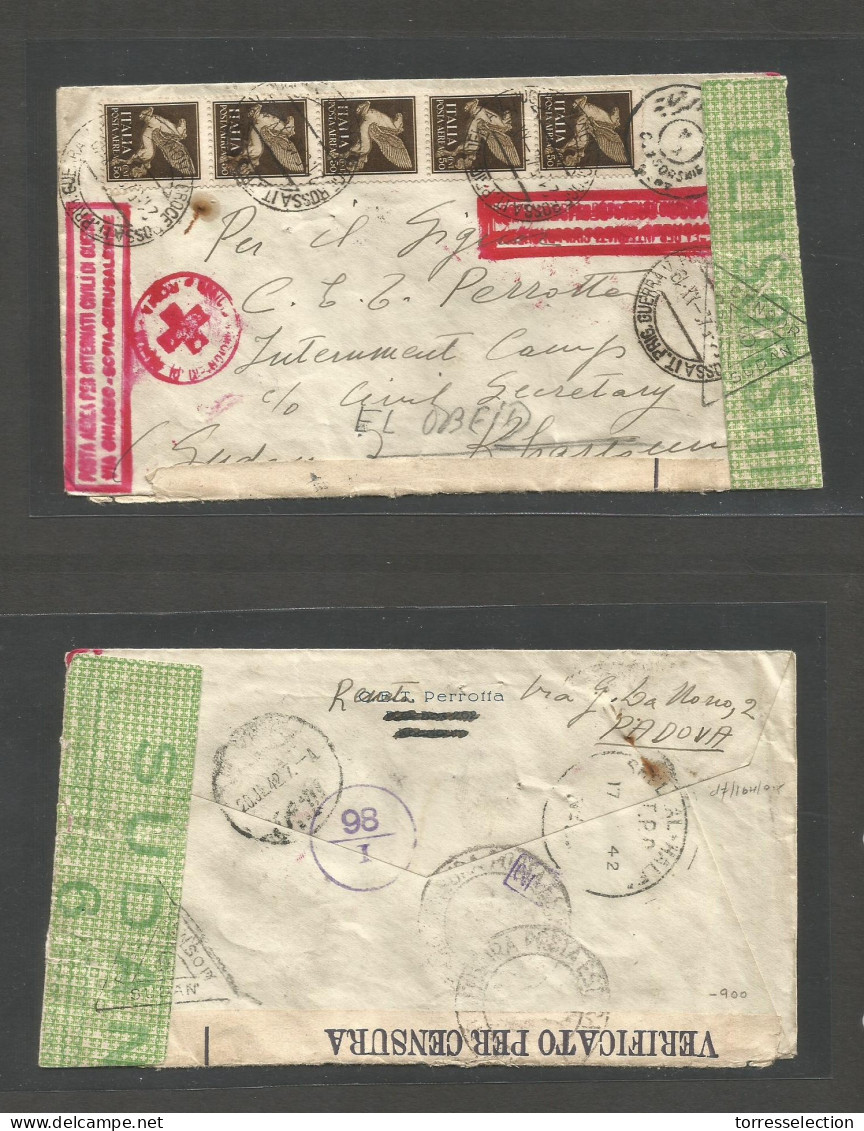 SUDAN. 1942 (21 May) POW Mail. Sudan Internee Multifkd Air Envelope. Red Cross + Air Red Cachets "Posta Aerea, POW, Via  - Soedan (1954-...)