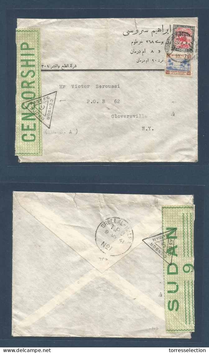 SUDAN. 1941 (May) Moutmar - USA, NY, Glovers Ville. Fkd Env + Green Censor + "Nr 9" Triangle "TPO Shellal - Haffa" On Re - Sudan (1954-...)