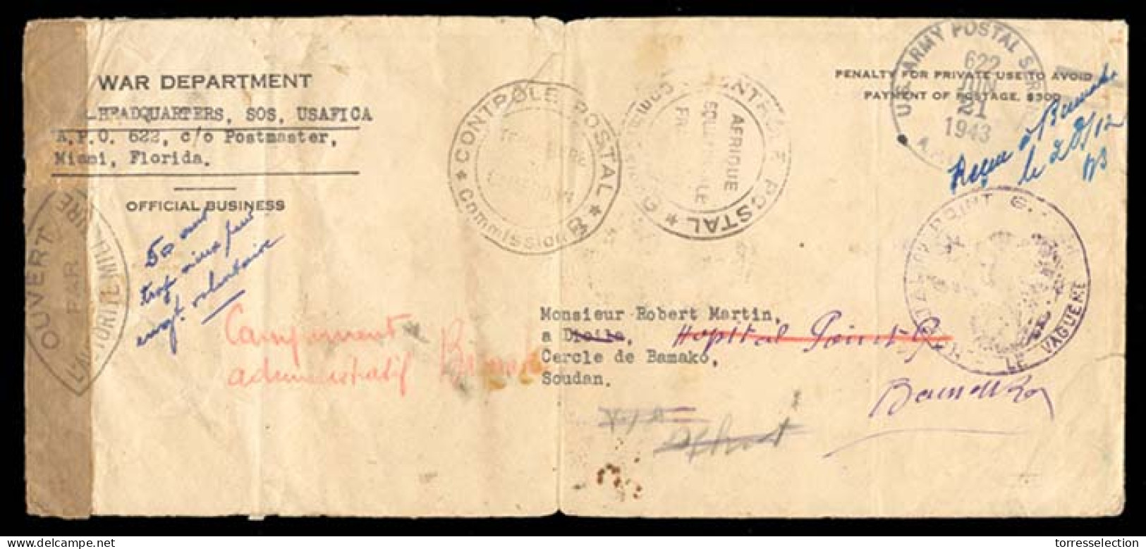 SUDAN. 1943. WWII. Military Cover/APO 622 Addressed To Dioila / Bamako Cercle/Dondan, Forwarded To Hospital. On Reverse  - Sudan (1954-...)